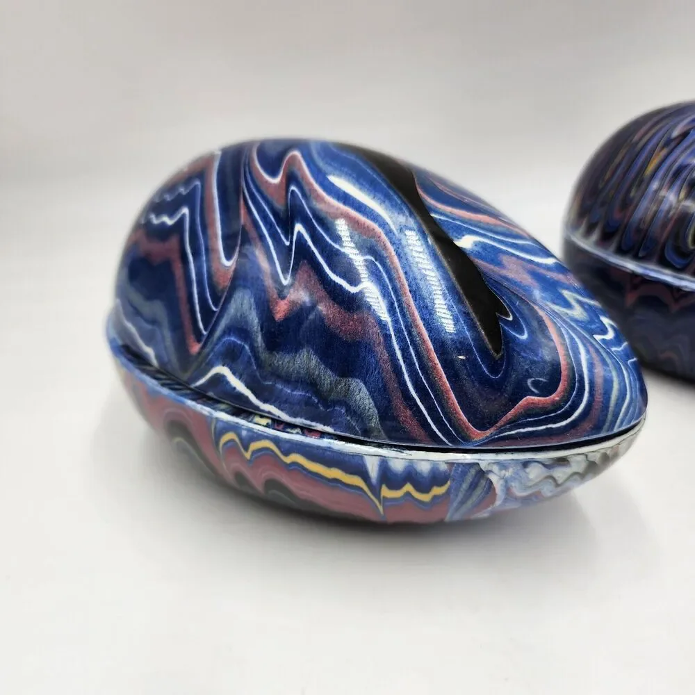 Vintage 2 Grazia Deruta Blue Swirl Pottery Egg Shape Ceramic Trinket Boxes Rare